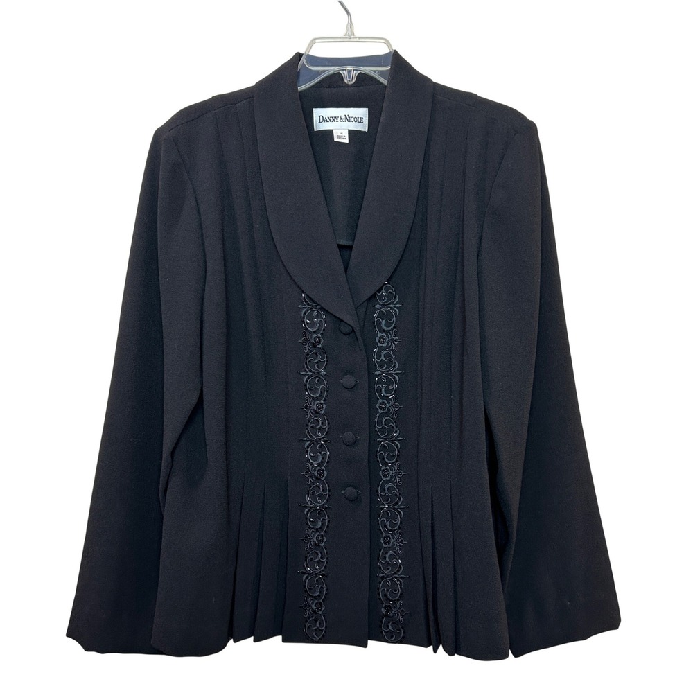 Danny & Nicole Blazer Jacket Womens 14 Black Beaded Floral Pleated Shawl Collar